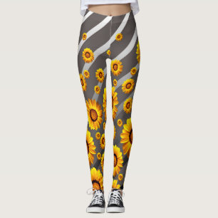 Schöne gelbe Blumen auf grauen, silbernen Streifen Leggings