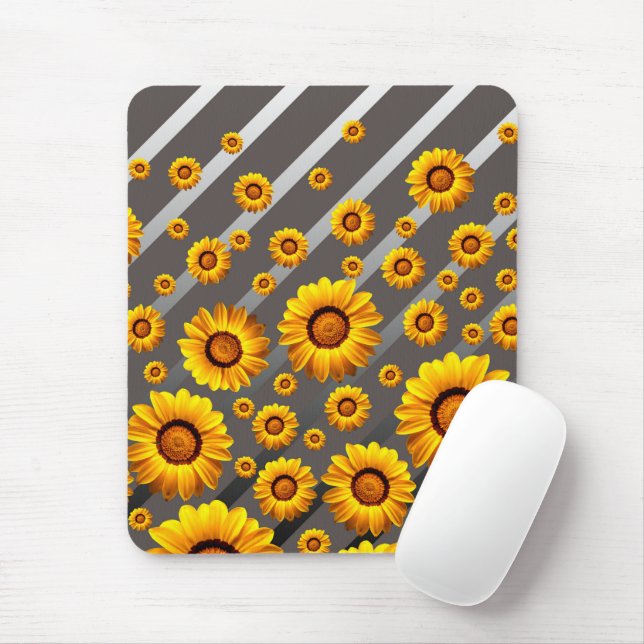 Schöne gelbe Blumen auf grauen, silbernen Streifen Mousepad (Mit Mouse)