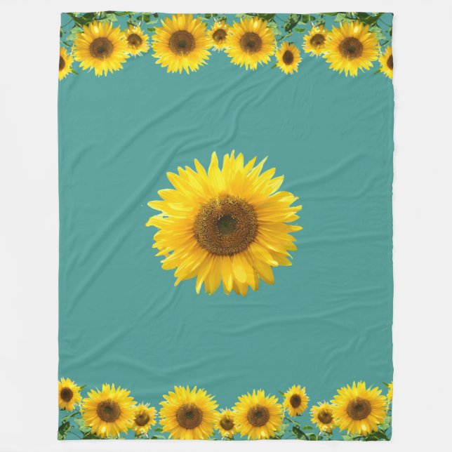 Schöne gelbe Sonnenblumen auf Aquamarin Fleecedecke (Vorderseite)