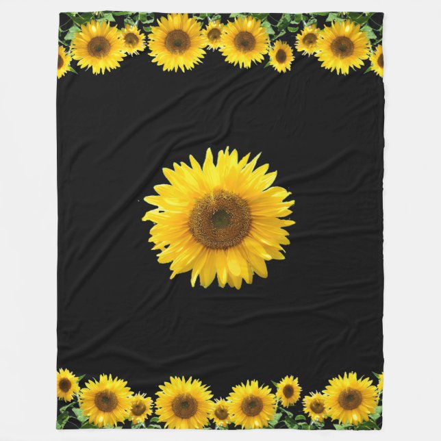 Schöne gelbe Sonnenblumen auf schwarz Fleecedecke (Vorderseite)