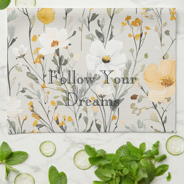 Schöne gelbe weiße Blumen Träume Geschirrtuch (Gefaltet)
