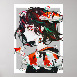 Schöne Gezeichnet Kunst - Anime Girl mit Koi Fish Poster
