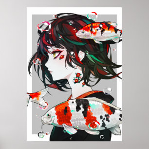 Schöne Gezeichnet Kunst - Anime Girl mit Koi Fish Poster
