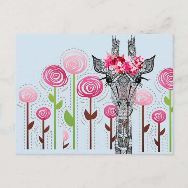 Schöne Giraffe mit Blume im Garten Postkarte (Vorderseite)