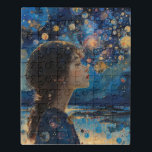 Schöne Girl Night in Ocean Mixed Media Puzzle<br><div class="desc">Ein wunderschönes,  abends am Ozean träumendes Gemälde im gemischten Medienstil in Blues und Golden AI generierte Kunst</div>