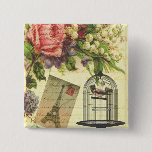 Schöne girly vintage Rosen Blumen Eiffelturm Button
