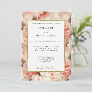 Schöne Goldcreme-Rosa Blumenhochzeit Einladung