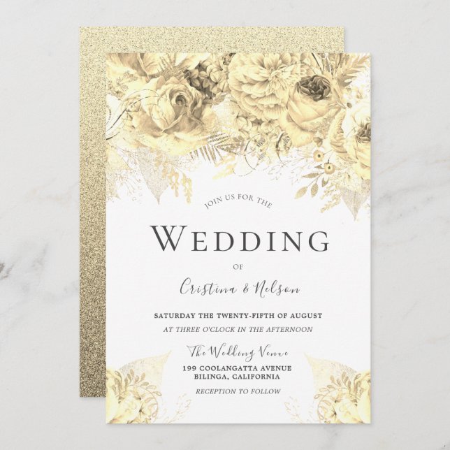 Schöne Goldene Blume Elegante Hochzeit Einladung (Vorne/Hinten)