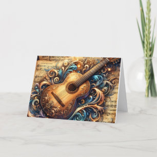 Schöne goldene Gitarre und Notenblätter Weihnachte Feiertagskarte