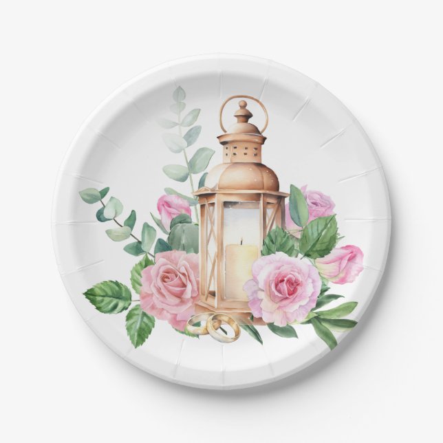 Schöne goldene Laterne mit rosa Rosen Pappteller (Vorderseite)