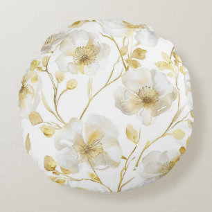 Schöne goldene weiße Blumen Rundes Kissen