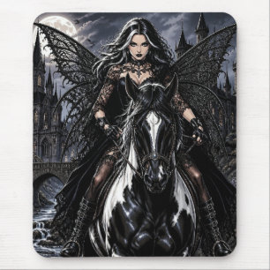 Schöne gotische Fee auf schwarzem Pferd Mousepad