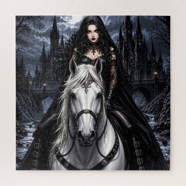 Schöne gotische Frau auf weißem Pferd  Puzzle (Vertikal)