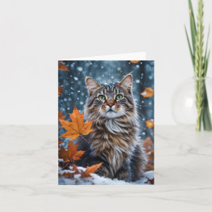 Schöne Graue Getigerte Katze Herbstlaub Leer  Karte