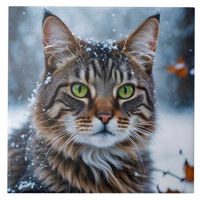 Schöne graue Tabby Katze im Schnee Fliese (Vorderseite)