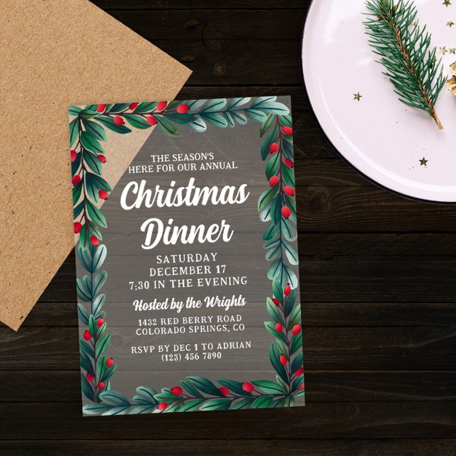 Schöne Grüne Berry Rahmen Weihnachtsessen Abendess Acryleinladungen (Von Creator hochgeladen)