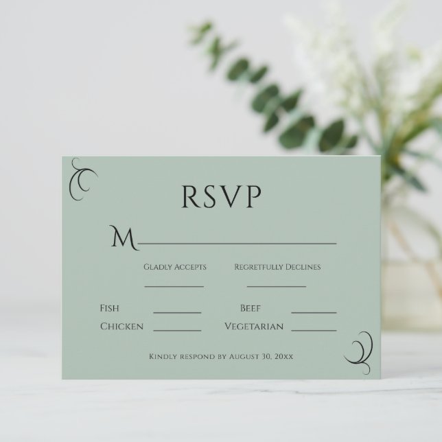 Schöne grüne einfache moderne Hochzeit RSVP Karte (Stehend Vorderseite)
