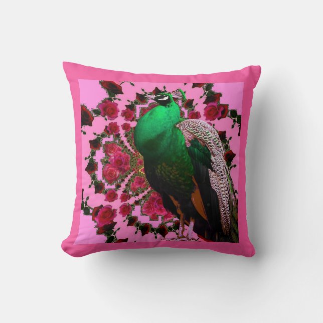 SCHÖNE GRÜNE PFAU-ROSA-ROSEN-ROSA KUNST KISSEN (Vorderseite)