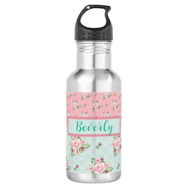 Schöne, grüne und rosa Blumenmuster Edelstahlflasche (Vorderseite)