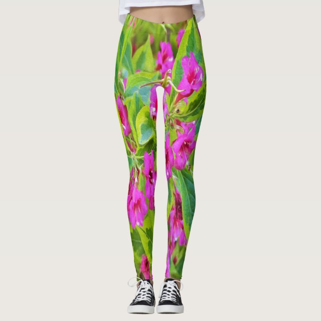 Schöne Grüne Weigela mit Crimson-Blume Leggings (Vorderseite)