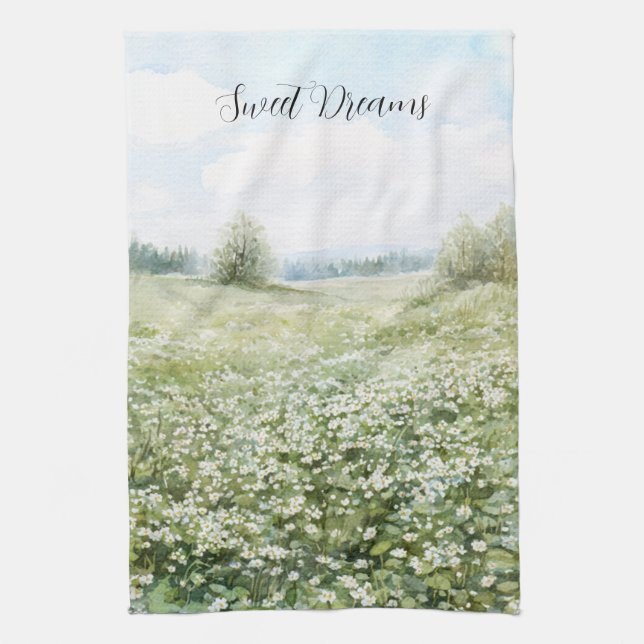 Schöne grüne Wiesenblumen blauer Himmel Geschirrtuch (Vertikal)