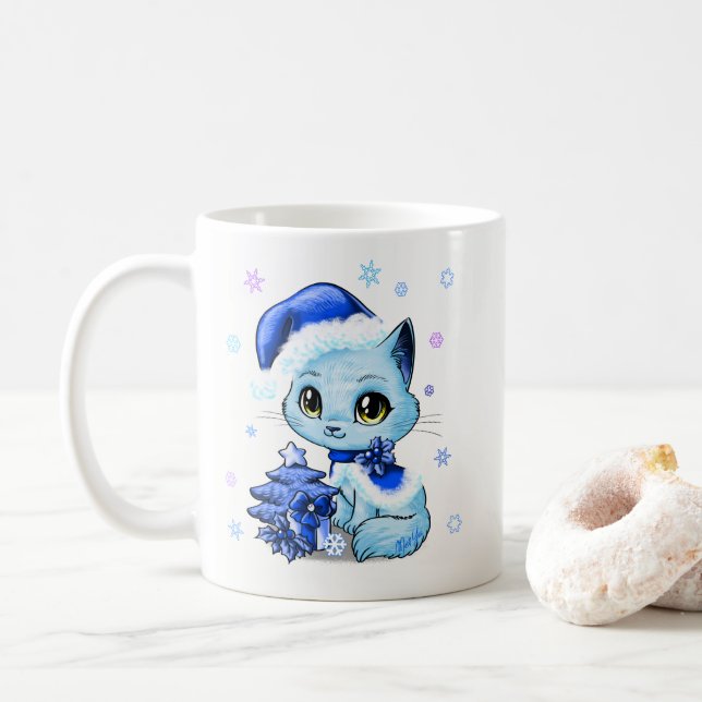 Schöne Hand gezeichnete Weihnachtskatzen-Tasse Kaffeetasse (Mit Donut)