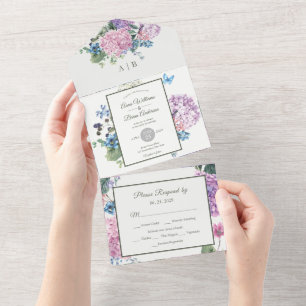 Schöne handbemalte Hydrangea-Blumenhochzeit All In One Einladung