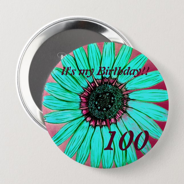 Schöne handgezeichnete Blume 100. Geburtstag Button (Vorne & Hinten)