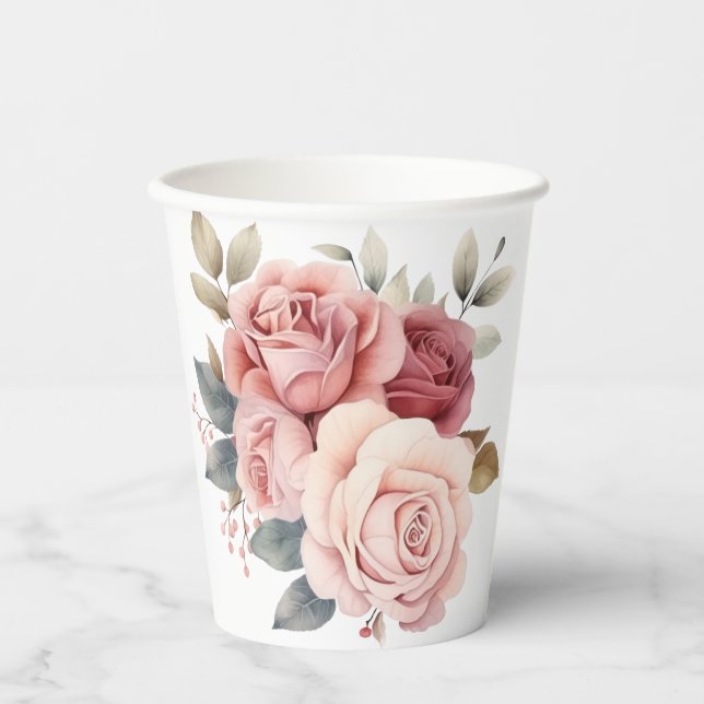 Schöne handgezeichnete Vintage Rose Design Pappbecher (Vorderseite)