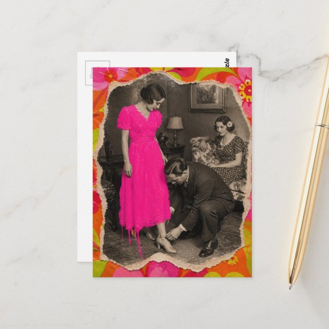 Schöne heiße rosa Kleid Mode Collage Postkarte (Vorderseite/Rückseite Beispiel)