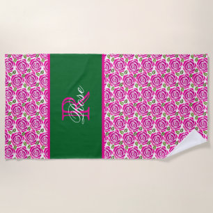 Schöne heiße rosa Magenta-Rosen Namensmonogramm  Strandtuch