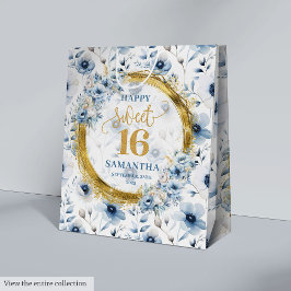 Schöne hellblaue Blumen Sweet 16 Gold Glitzer Mittlere Geschenktüte