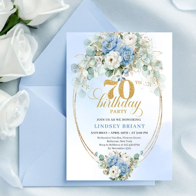 Schöne hellblaue Pfingstrosen 70. Geburtstagseinla Einladung (Pretty Light Blue Peonies 70th Birthday Invitation Card

)