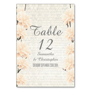 Schöne helle Pfirsich-Blumen-Hochzeit Tischnummer
