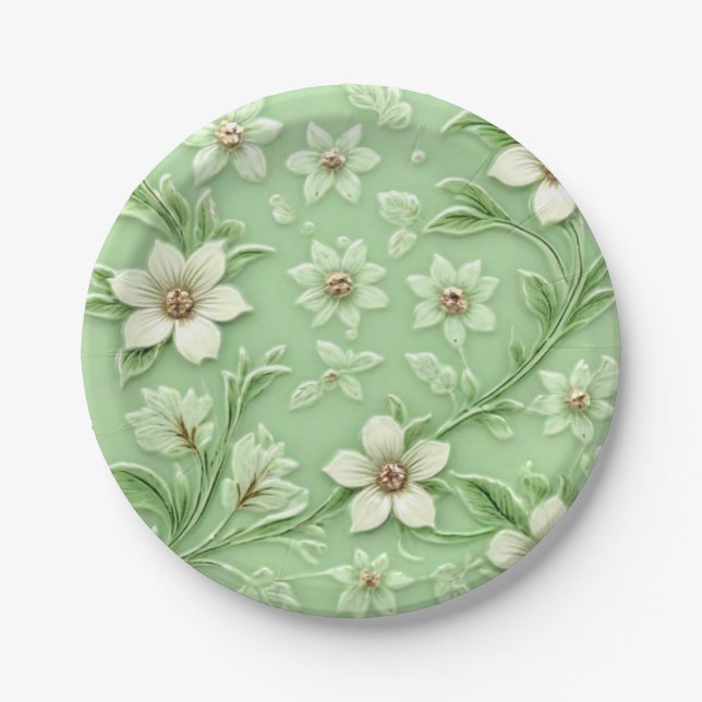 Schöne hellgrüne Blumen-Papierplatte Pappteller (Vorderseite)