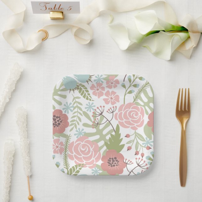 Schöne hellrosa und grüne Blume Pappteller (Hochzeit)