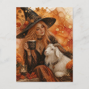 Schöne Hexe und ihre Ziege im Herbst Postkarte