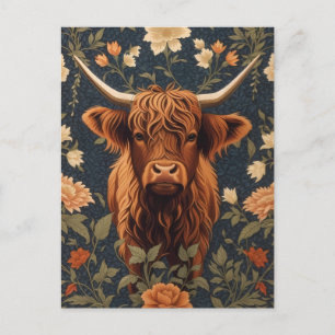 Schöne Highland-Kuh im Vintage-Blumenmuster Postkarte