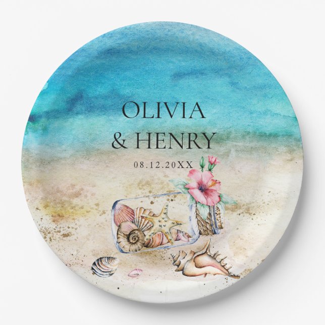 Schöne Hochzeit am Strand von Starfish Pappteller (Vorderseite)