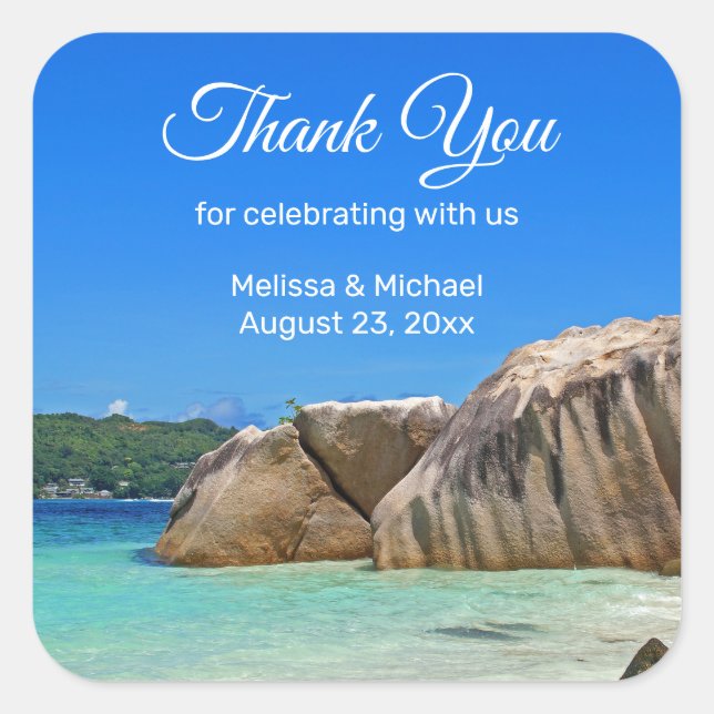 Schöne Hochzeit am Tropischen Meer Quadratischer Aufkleber (Vorderseite)