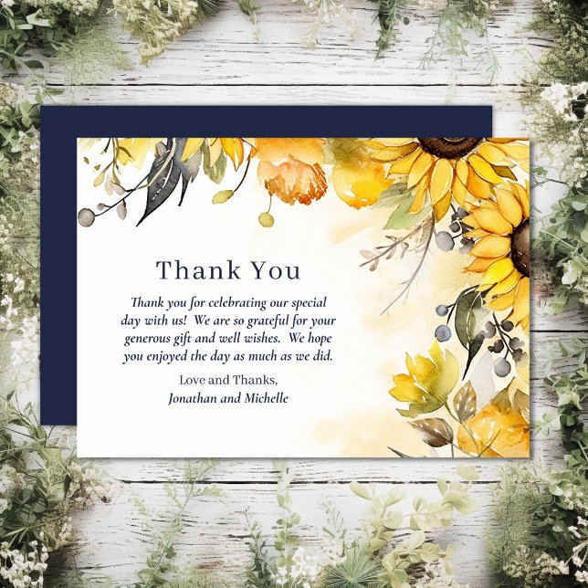 Schöne Hochzeit der Wasserfarben-Sonnenblumen Dankeskarte (Front and Back - Beautiful Watercolor Sunflower Floral Wedding Thank You Card)