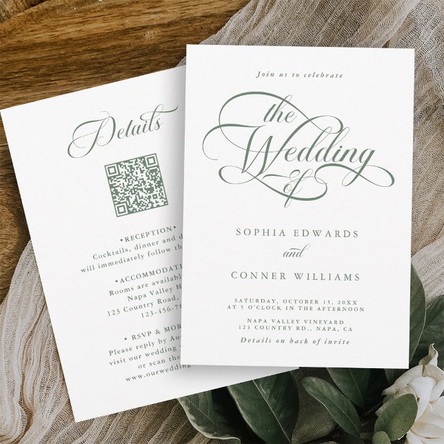Schöne Hochzeit in Grün Einladung (Front & Back)