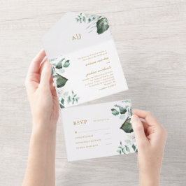 Schöne Hochzeit mit weißer Blüte und Grün All In One Einladung