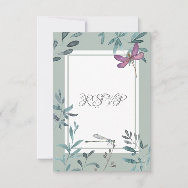 Schöne Hochzeit von Dragonfly und Gartengrüne RSVP Karte (Vorderseite)