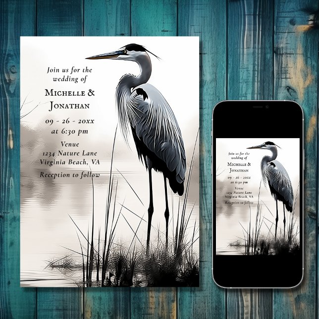 Schöne Hochzeit von Great Blue Heron Coastal Bird Einladung (Beautiful Great Blue Heron Water Bird Wedding Invitation)