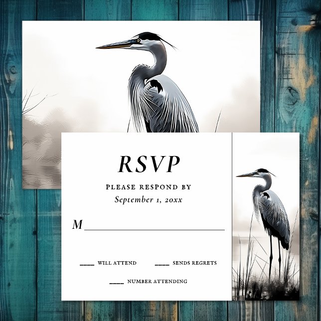 Schöne Hochzeit von Great Blue Heron Coastal Bird RSVP Karte (Beautiful Great Blue Heron Water Bird Wedding RSVP Card)