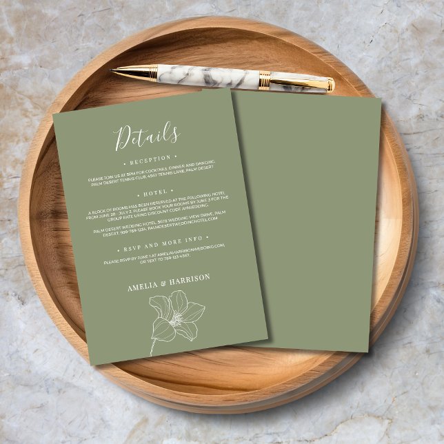 Schöne Hochzeitsfeier im Grünen Begleitkarte (Sage Green Elegant Floral Wedding Details Enclosure Card with Line Art Flowers.)