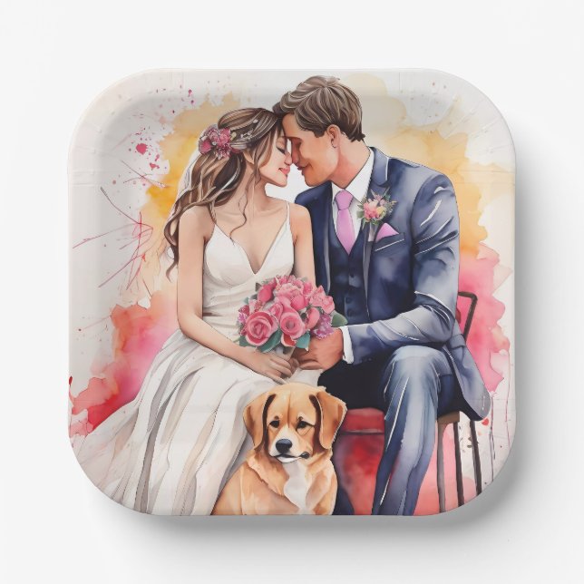 Schöne Hochzeitskuppel Wasserfarbe Pappteller (Vorderseite)