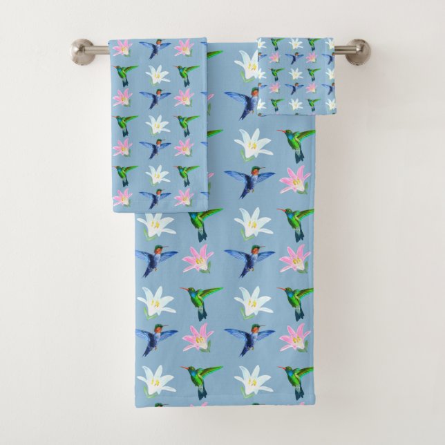 Schöne Hummingbirds & Blume auf Light Blue Badhandtuch Set (Insitu)