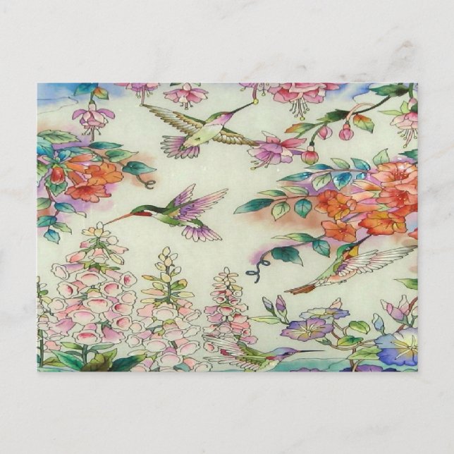Schöne Hummingbirds Blume Festhalten Glaskunst Postkarte (Vorderseite)